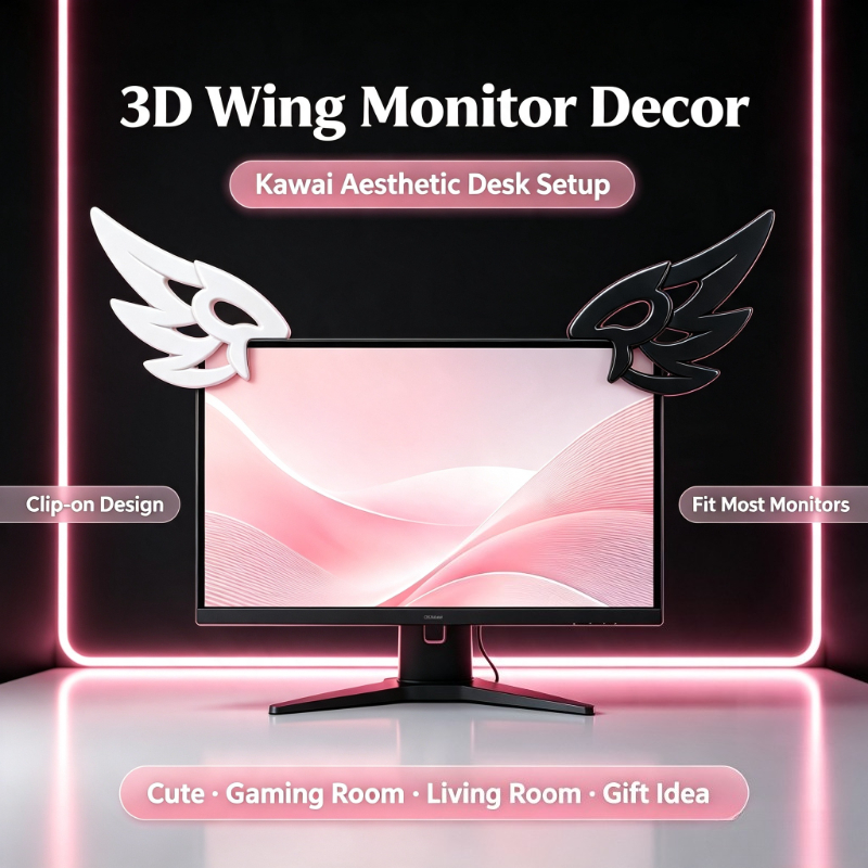Tech Table Accessories - Kawaii 3D-vleugeldecoratie voor computermonitor, esthetisch E-sports